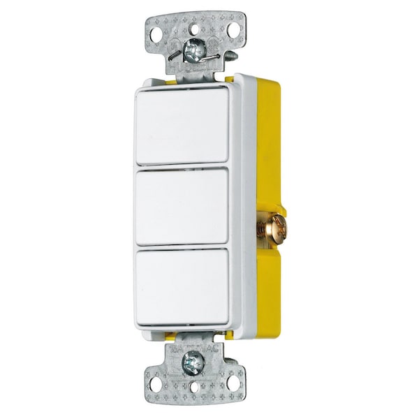 Hubbell Wiring Device-Kellems Switches and Lighting Controls, Combination Devices, Residential Grade, Decorator Series, 3) Three Way Rockers, 15A 120V AC, Side Wired, White RCD111W - main